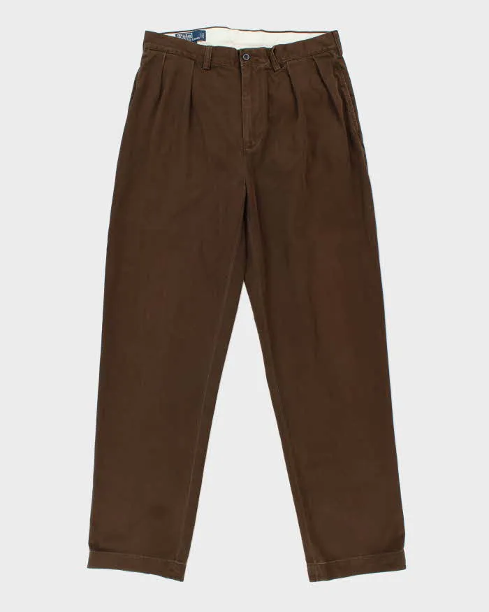 Vintage Y2K 00s Polo Ralph Lauren Brown Double Pleated Classic Chino Andrew Relaxed Straight Leg Trousers - W34 L34 sold by Rokit