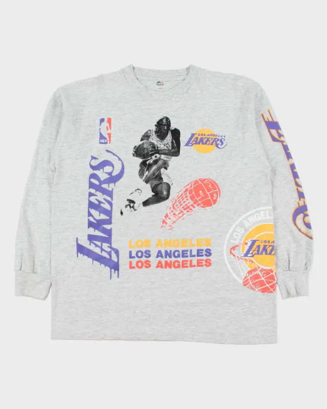 Vintage 1992 LA Lakers Grey Marl Heavyweight Miller USA Single Stitch Long Sleeve Crewneck T-Shirt - L made by Rokit