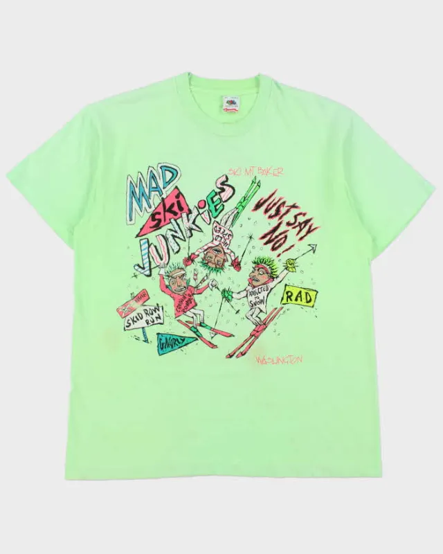 Vintage 1988 Mad Ski Junkies Mt. Baker Faded Heavyweight Single Stitch Made In USA Crewneck T-Shirt - XL made by Fruit of the Loom