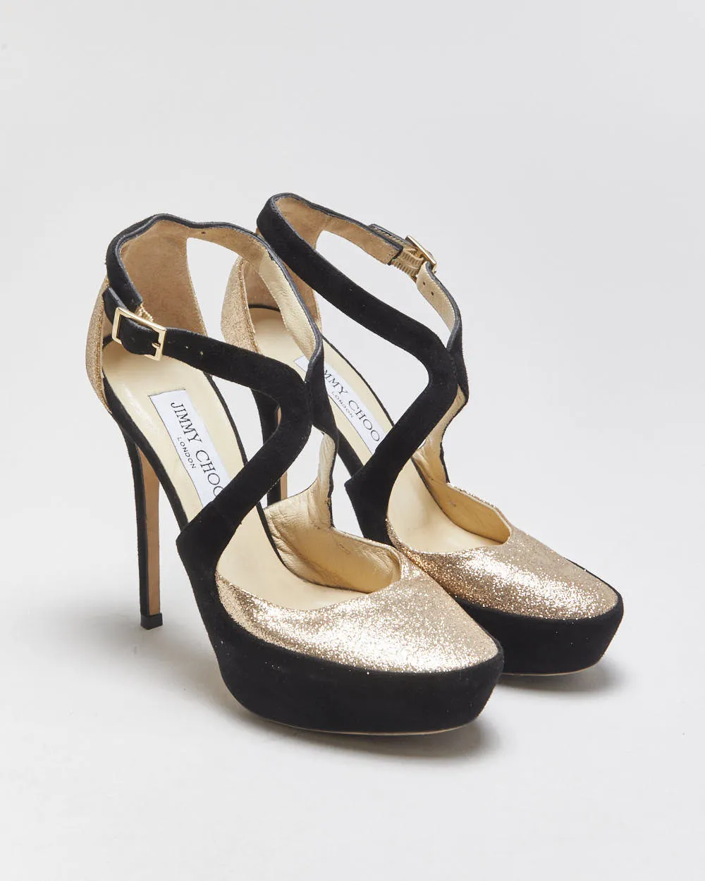 Jimmy Choo Tulip Glitter Suede Platform Heels - UK2.5 sold by Rokit