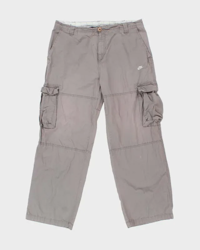 Vintage Y2K 00s Nike Grey Canvas Relaxed Fit Wide Leg Cargo Trousers - W34 L31 made by Nike