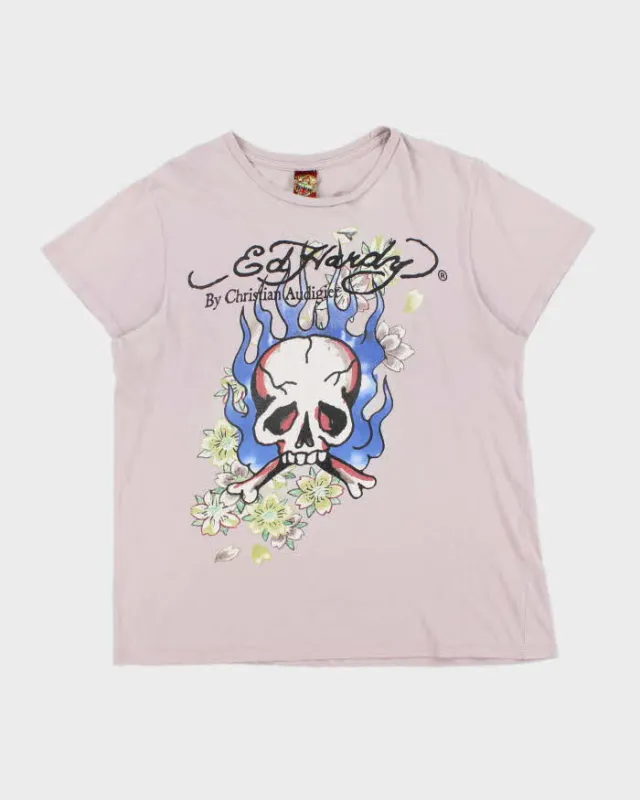 Vintage Y2K 00s Ed Hardy Christian Audigier Primrose Pink Made In USA Crewneck Skull T-Shirt - L made by True Religion