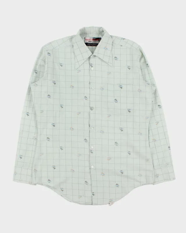 Vintage 1970s Van Heusen Pale Blue Floral Check Dual Dress Sport Long Sleeve Shirt - M made by Rokit