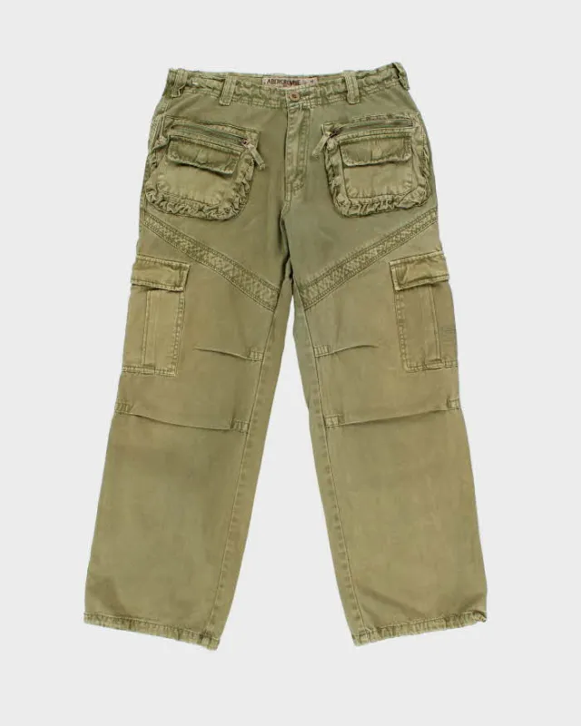 Vintage Y2K 00s Abercombie & Fitch Khaki Heavyweight Canvas Multi Pocket Wide Leg Military Cargo Trousers - W34 L31 made by Rokit