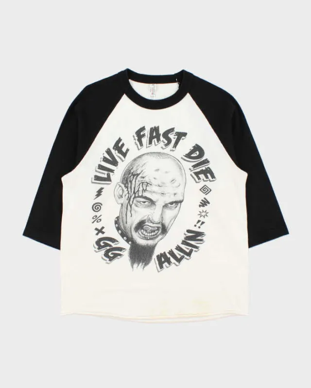 Vintage Live Fast Die GG Allin Museum Of Death Hollywood Hardcore Punk Raglan Crewneck Baseball T-Shirt - M made by Rokit