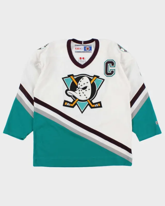 Vintage 1998-99 CCM Mighty Ducks Of Anaheim Paul Kariya #9 Official NHL Stitched Made In Canada Air-Knit Home Jersey - M made by Rokit