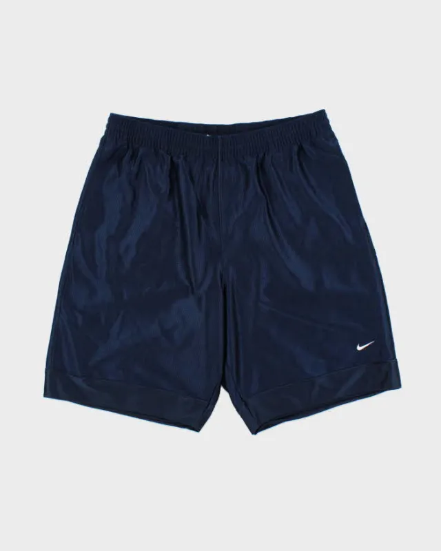 Vintage Nike Navy Heavyweight Satin Embroidered Relaxed Fit Wide Leg Shorts - L made by Nike