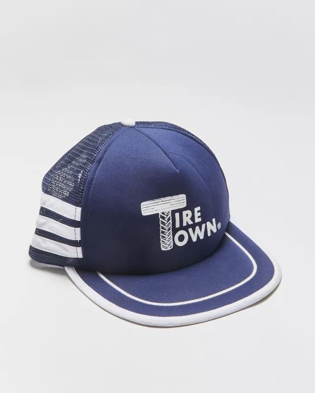Vintage 1980s Tire Town Striped Flat Rope Brim Trucker Hat - OS made by Rokit