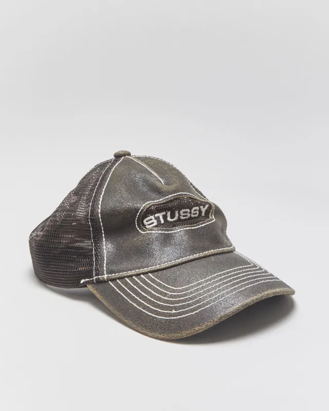 Vintage Stussy Brown Low-Pro Leather Cutout Contrast Stitch Trucker Hat - OS made by Stussy