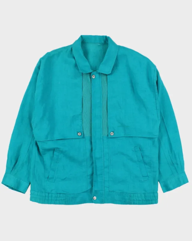 Vintage 1990s Pierre Balmain Turqouise Linen Patch Ribbed Summer Harrington Jacket - L made by Balmain