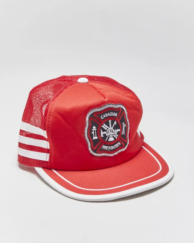 Vintage 1980s Canadian Firefighters Striped Patch Flat Brim Trucker Hat - OS made by Rokit