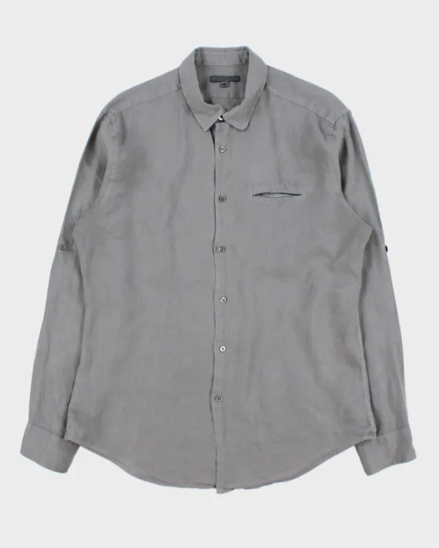 Vintage Y2K 00s John Varatos Slate Grey Linen Long Sleeve Pocket Shirt - L made by Rokit