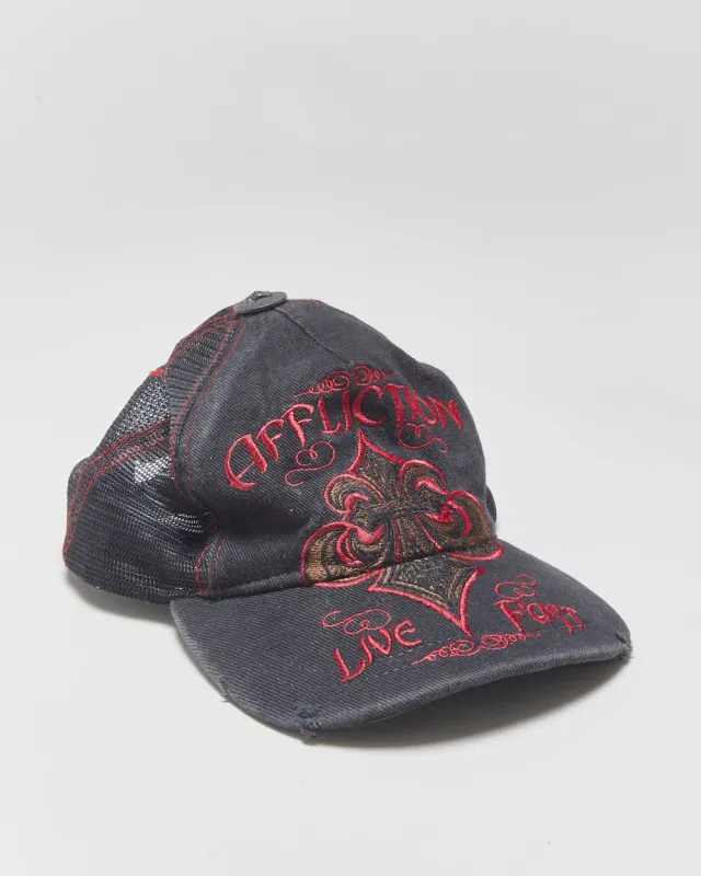 Vintage Y2K 00s Affliction 'Live Fast' Distressed Canvas Trucker Hat - OS made by Rokit