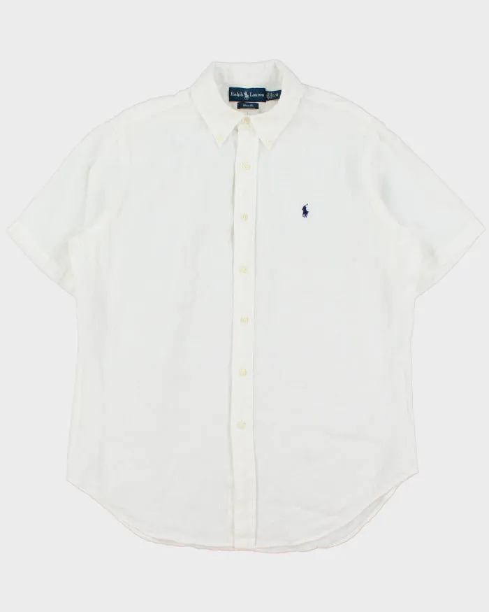 Vintage Ralph Lauren White Ocean Wash Linen Classic Fit Short Sleeve Shirt - L sold by Rokit