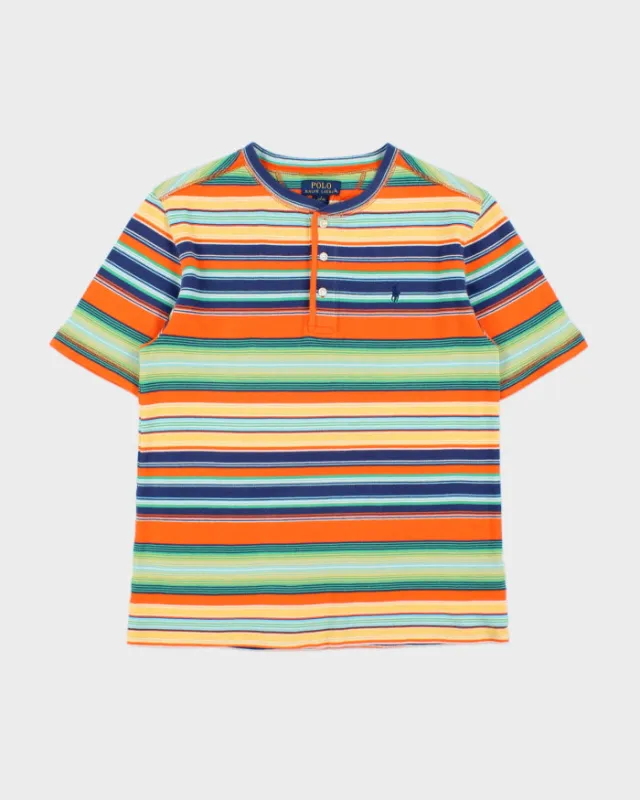 Vintage Polo Ralph Lauren Women's Heavyweight Striped Woven Crewneck Henley T-Shirt - L made by Ralph Lauren