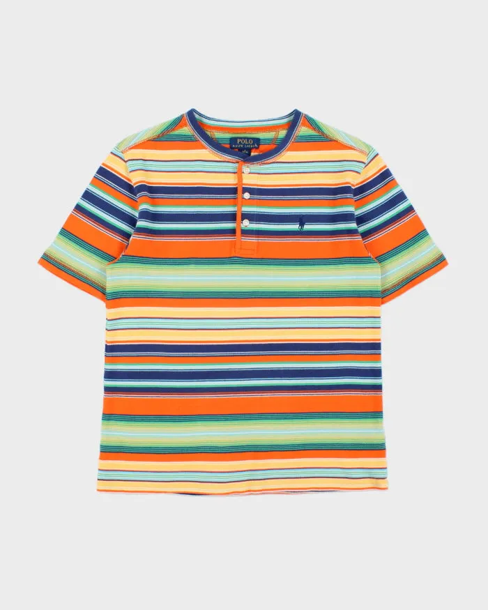 Vintage Polo Ralph Lauren Women's Heavyweight Striped Woven Crewneck Henley T-Shirt - L sold by Rokit