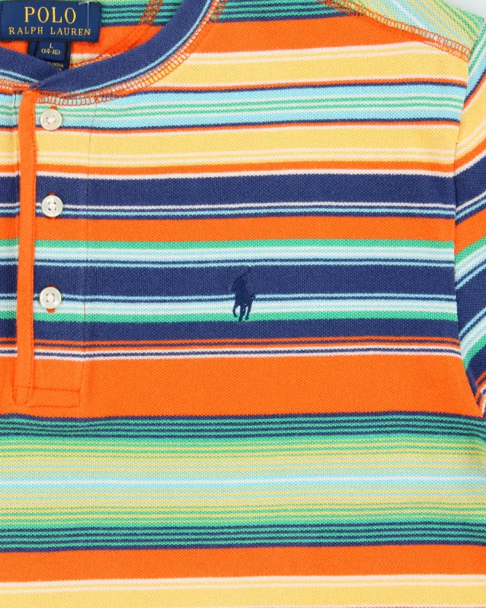Vintage Polo Ralph Lauren Women's Heavyweight Striped Woven Crewneck Henley T-Shirt - L sold by Rokit product image thumbnail 4