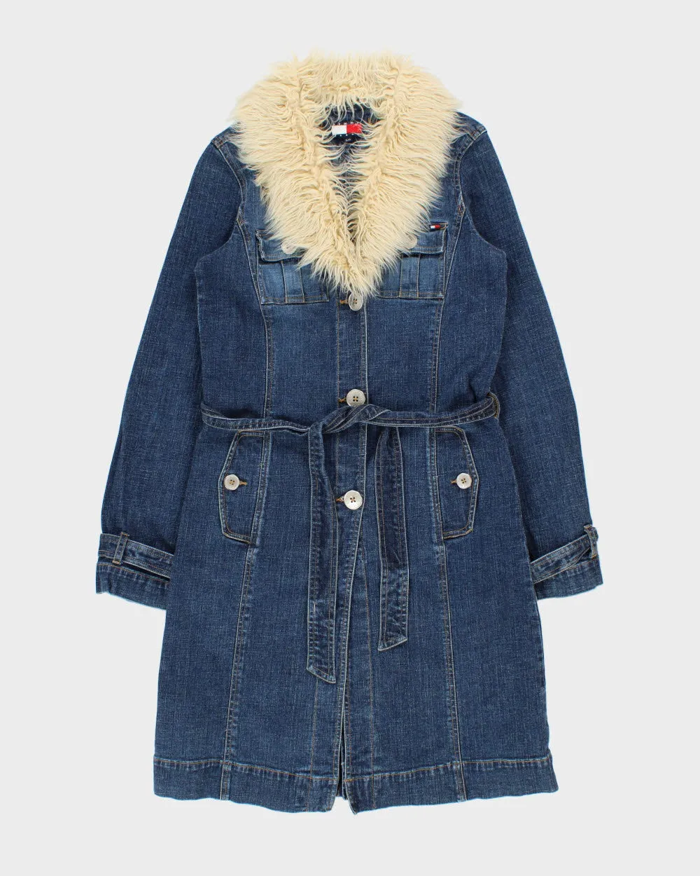 Vintage Y2K 00s Tommy Hilfiger Women's Afghan Belted Long Denim Jacket - S sold by Rokit