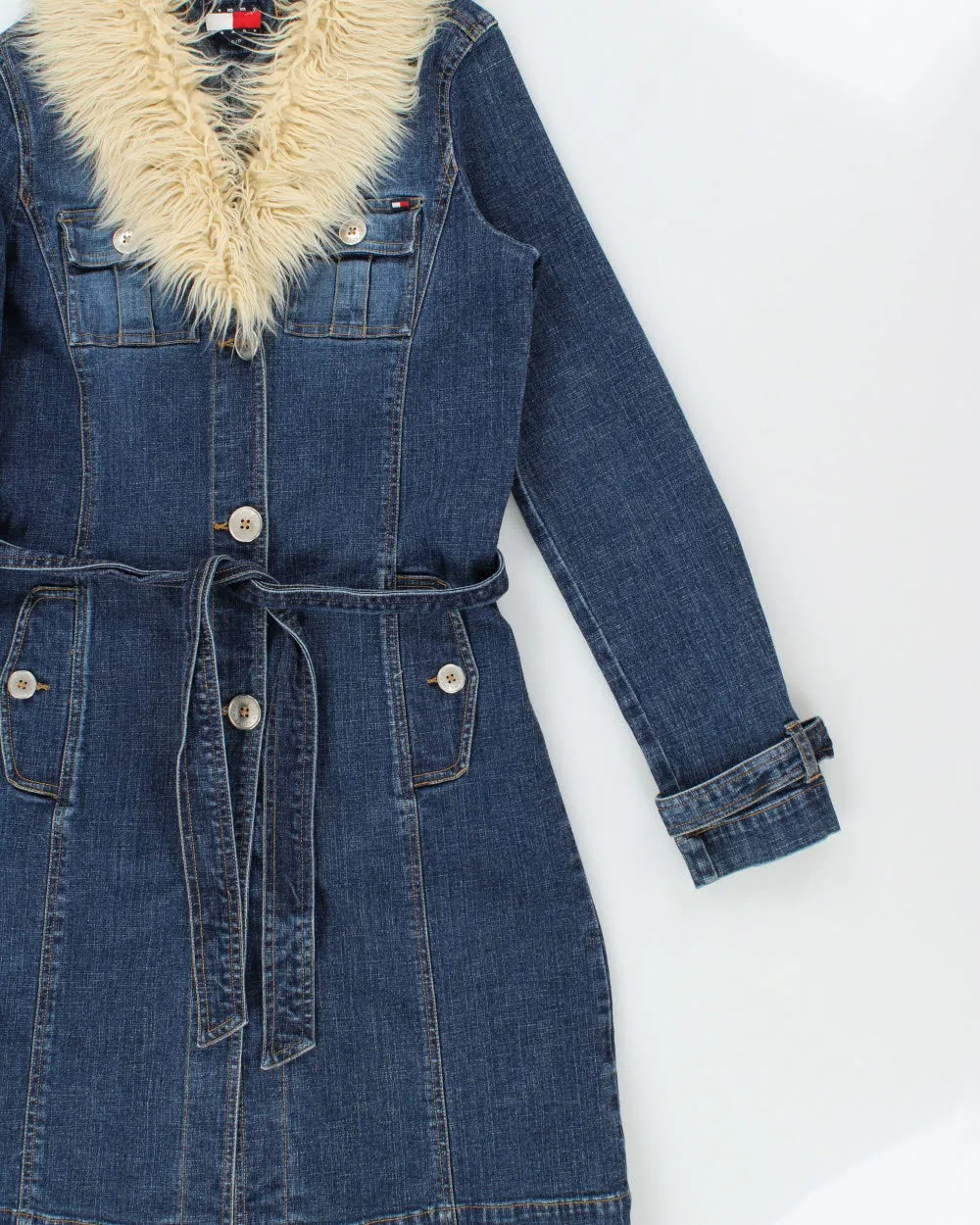 Vintage Y2K 00s Tommy Hilfiger Women's Afghan Belted Long Denim Jacket - S sold by Rokit product image thumbnail 3