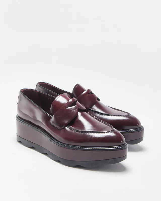 Prada Women's Mahogany Red Monolith Leather Platform Pointed Toe Loafers - UK6 made by Prada