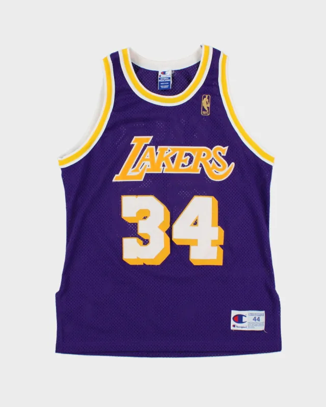 Vintage 1996-97 Champion LA Lakers Shaquille O'Neal #34 NBA Stitched Mesh Made In USA Home Jersey - L made by Rokit