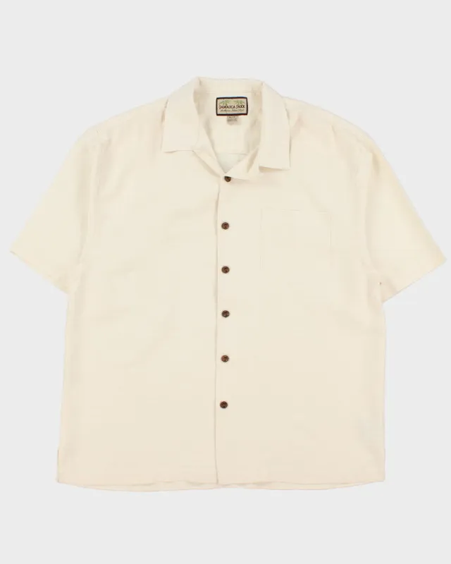 Vintage Y2K 00s Tommy Bahama Cream Silk Embroidered Grid Check Hawaiian Shirt - XL made by Tommy Bahama