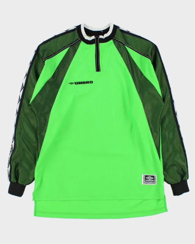 Vintage 1990s Umbro Volt Green Zip Collar Padded Long Sleeve Football Goalkeeper Shirt - L made by Umbro