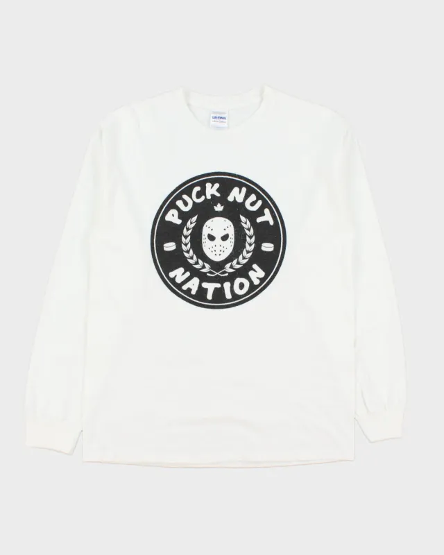 Vintage Y2K 00s Puck Nut Nation Heavyweight Gildan Ultra Ice Hockey Long Sleeve Crewneck T-Shirt - M made by Rokit