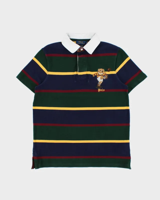 Vintage Polo Ralph Lauren Rugby Bear Striped Custom Slim Fit Short Sleeve Polo Shirt - M made by Ralph Lauren