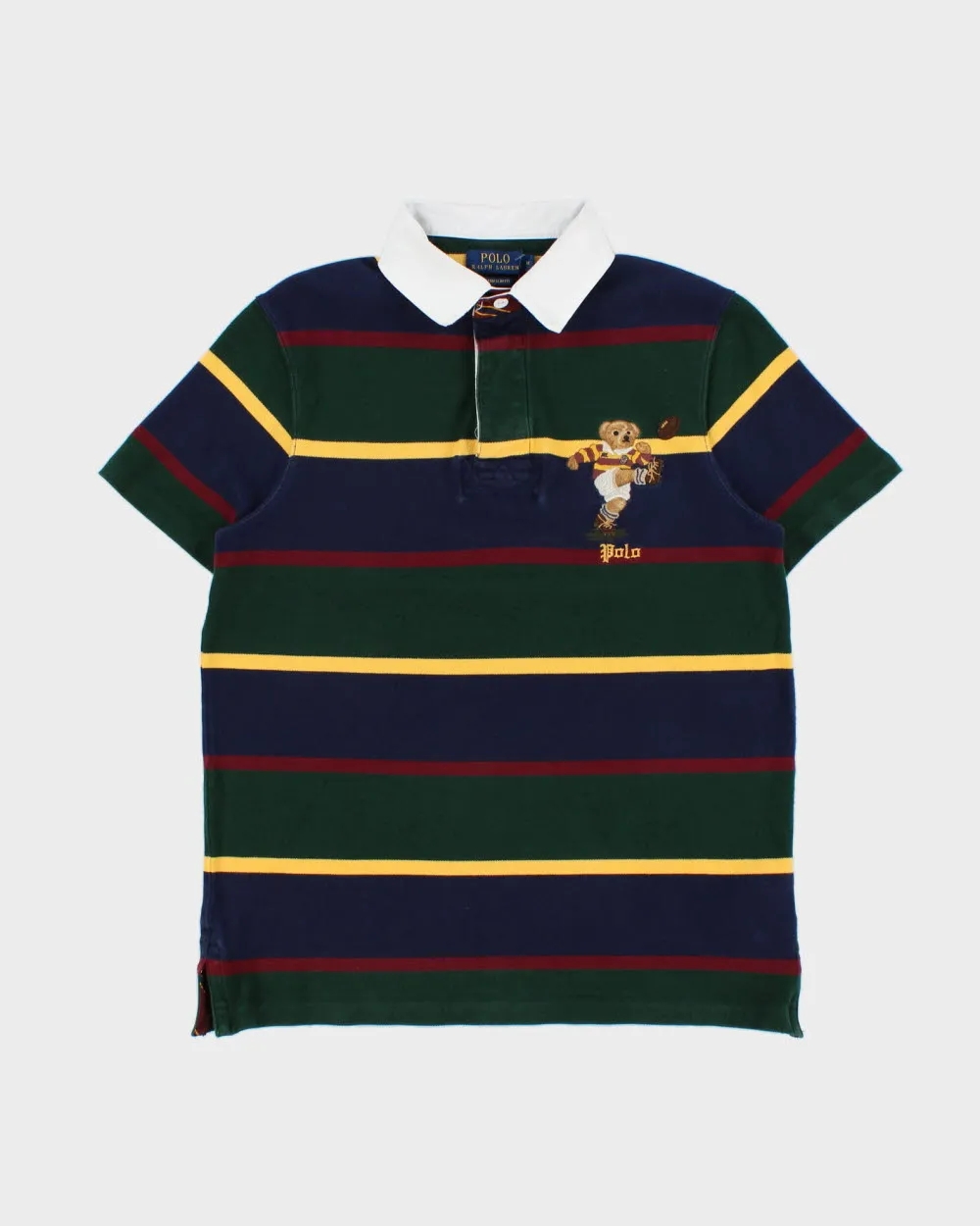 Vintage Polo Ralph Lauren Rugby Bear Striped Custom Slim Fit Short Sleeve Polo Shirt - M sold by Rokit