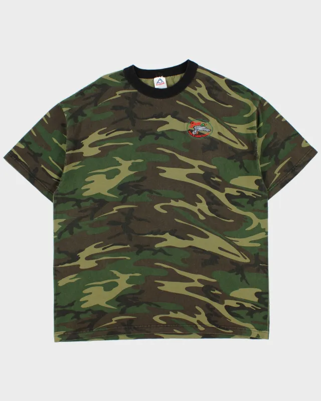 Vintage Y2K 00s Sarcee Fish & Game Assoc. Woodland Camo Heavyweight AAA Crewneck T-Shirt - L made by Rokit