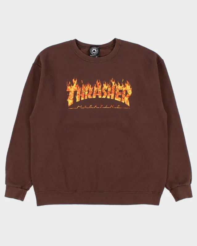 Vintage Thrasher Magazine Brown Flame Logo Crewneck Skater Sweatshirt - L made by Thrasher