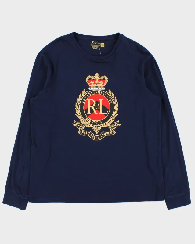 Vintage Polo Ralph Lauren Navy Crest Single Stitch Custom Slim Fit Long Sleeve Crewneck T-Shirt - L made by Ralph Lauren