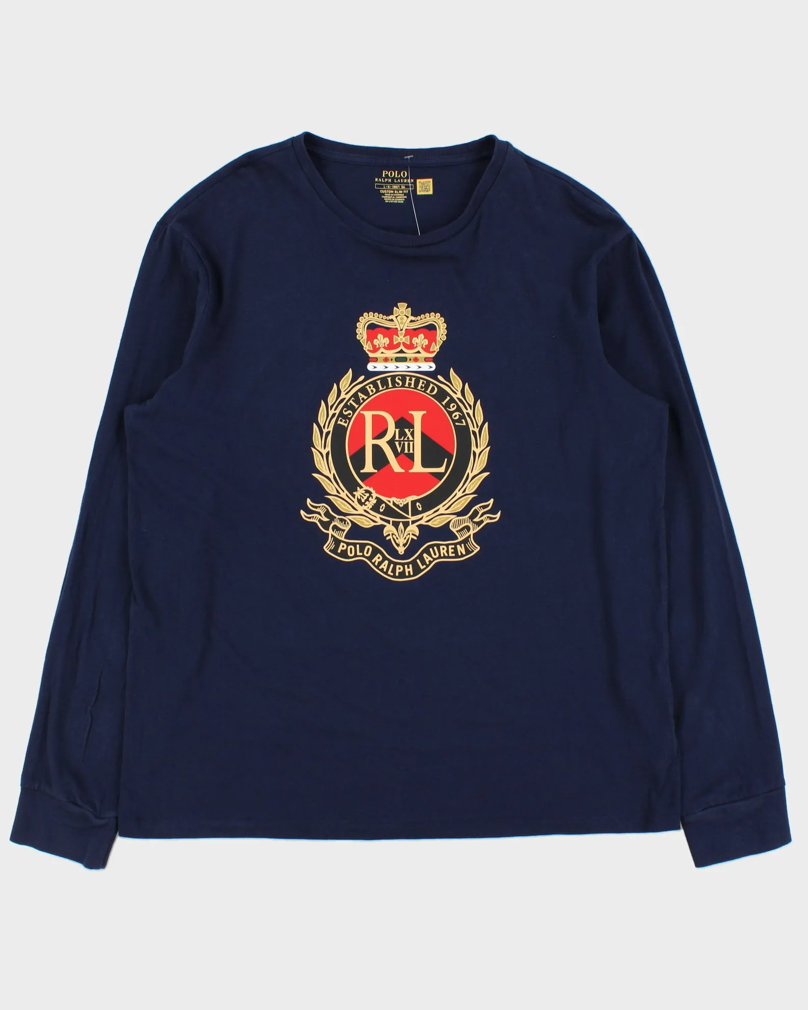 Vintage Polo Ralph Lauren Navy Crest Single Stitch Custom Slim Fit Long Sleeve Crewneck T-Shirt - L sold by Rokit