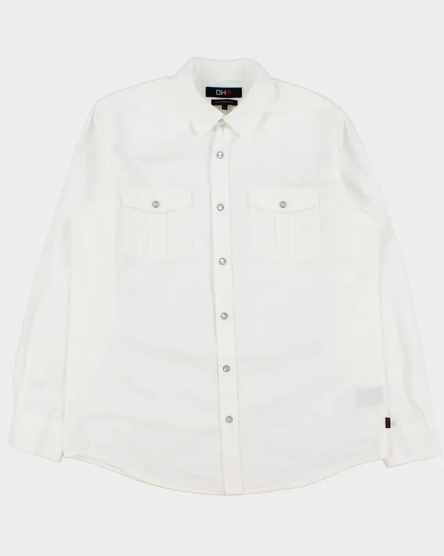 Vintage DH3 White Pearl Snap Button Modern Fit Long Sleeve Western Shirt - L made by Rokit