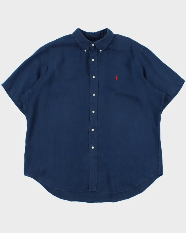 Vintage Y2K 00s Ralph Linen Navy Ocean Wash Linen Classic Fit Short Sleeve Shirt - XXL made by Ralph Lauren