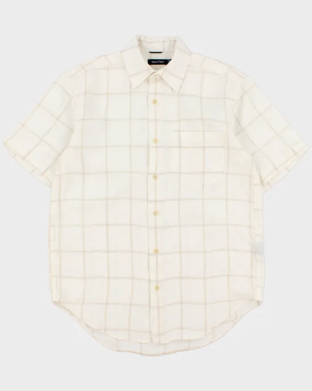 Vintage Y2K 00s Nautica Cream Windowpane Check Ocean Wash Linen Relaxed Fit Short Sleeve Shirt - S made by Nautica