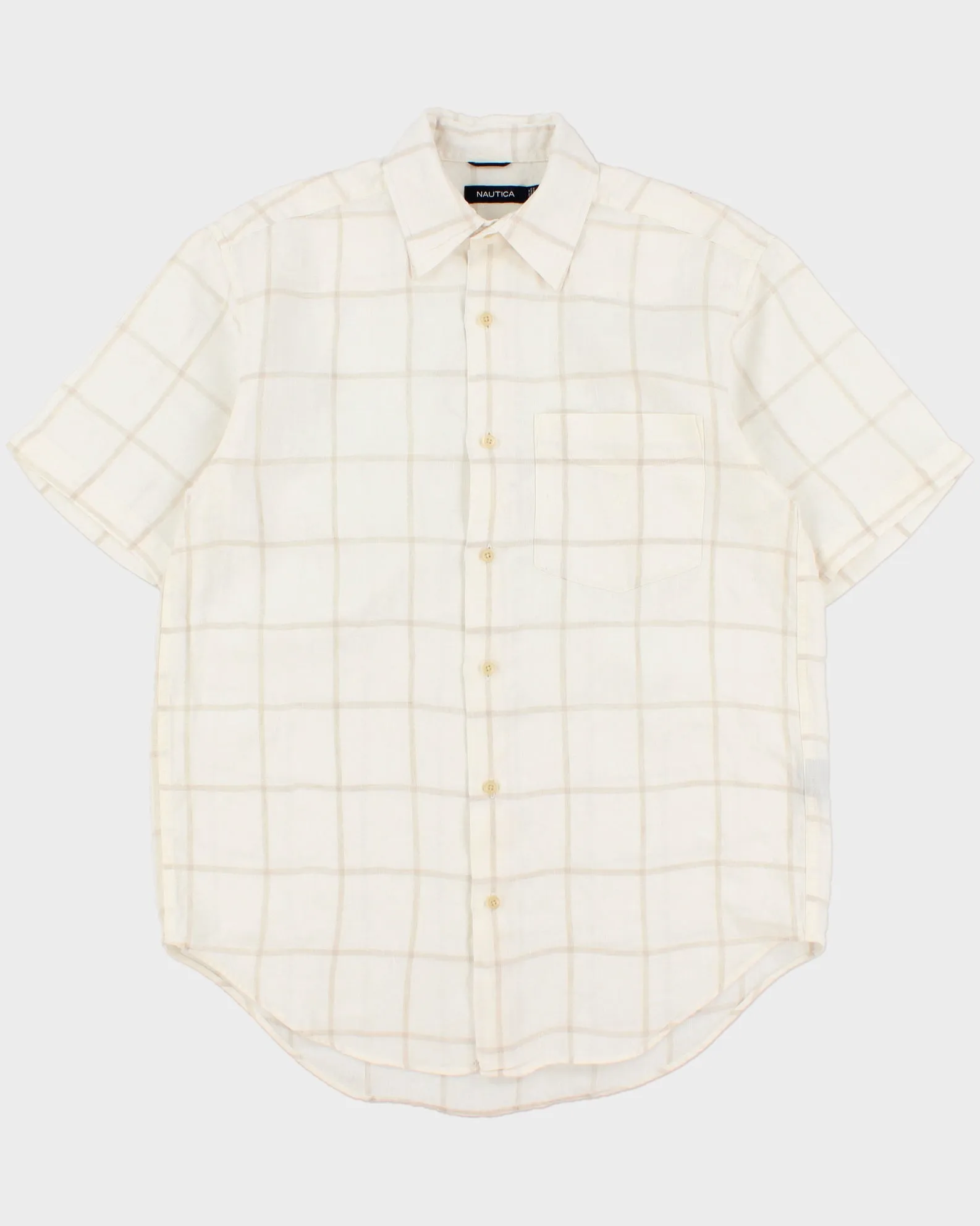 Vintage Y2K 00s Nautica Cream Windowpane Check Ocean Wash Linen Relaxed Fit Short Sleeve Shirt - S sold by Rokit