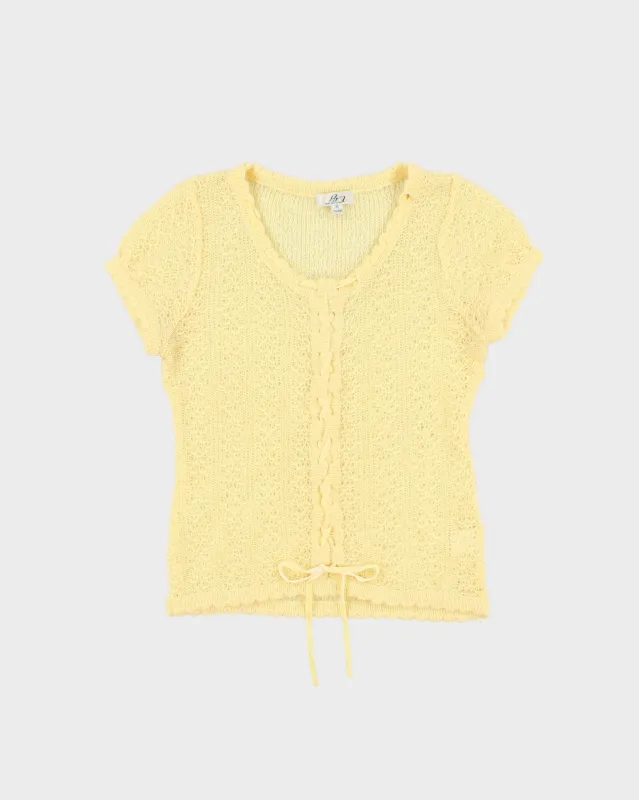 Vintage 1990s Bear Two Fine Wool Blend Knit Lace-up Short Sleeve Cardigan - M made by Rokit