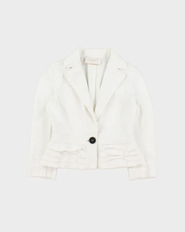 Vintage Y2K 00s Valentino Roma Women's White Cropped Denim Ruffle Jacket - S made by Valentino