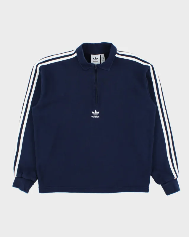 Vintage Adidas Originals Navy Heavyweight Embroidered 3-Stripe Quarter-Zip Collared Sweatshirt - S made by Adidas