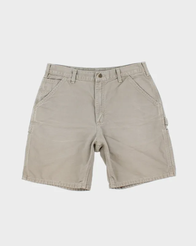 Vintage 2002 Carhartt Desert Khaki Duck Canvas Leather Patch Relaxed Fit Wide Leg Carpenter Shorts - W34 made by Carhartt
