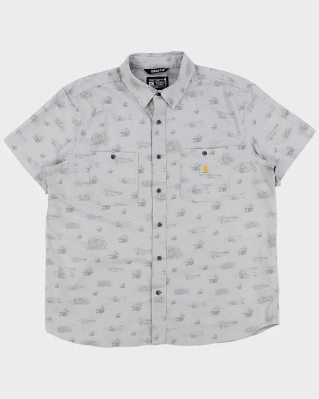 Vintage Carhartt Pale Grey Rugged Flex Camping Print Short Sleeve Pocket Shirt - XL made by Carhartt