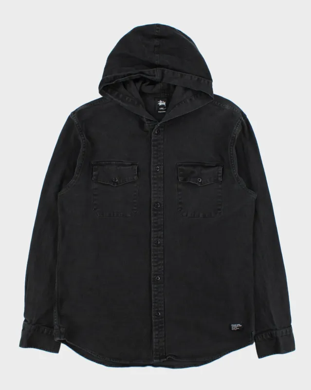 Vintage Stussy Black Denim Snap Button Long Sleeve Hooded Over Shirt - XL made by Stussy
