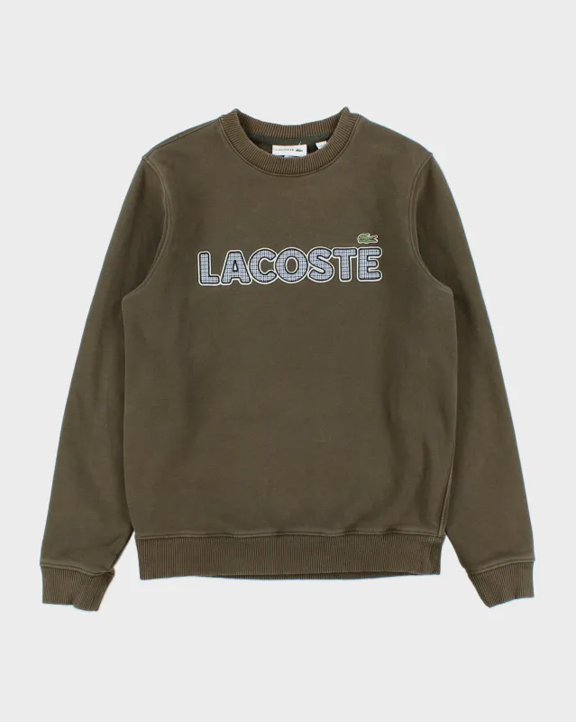 Vintage Lacoste Khaki Embroidered Houndstooth Spell Out Heavyweight Crewneck Sweatshirt - S made by Lacoste