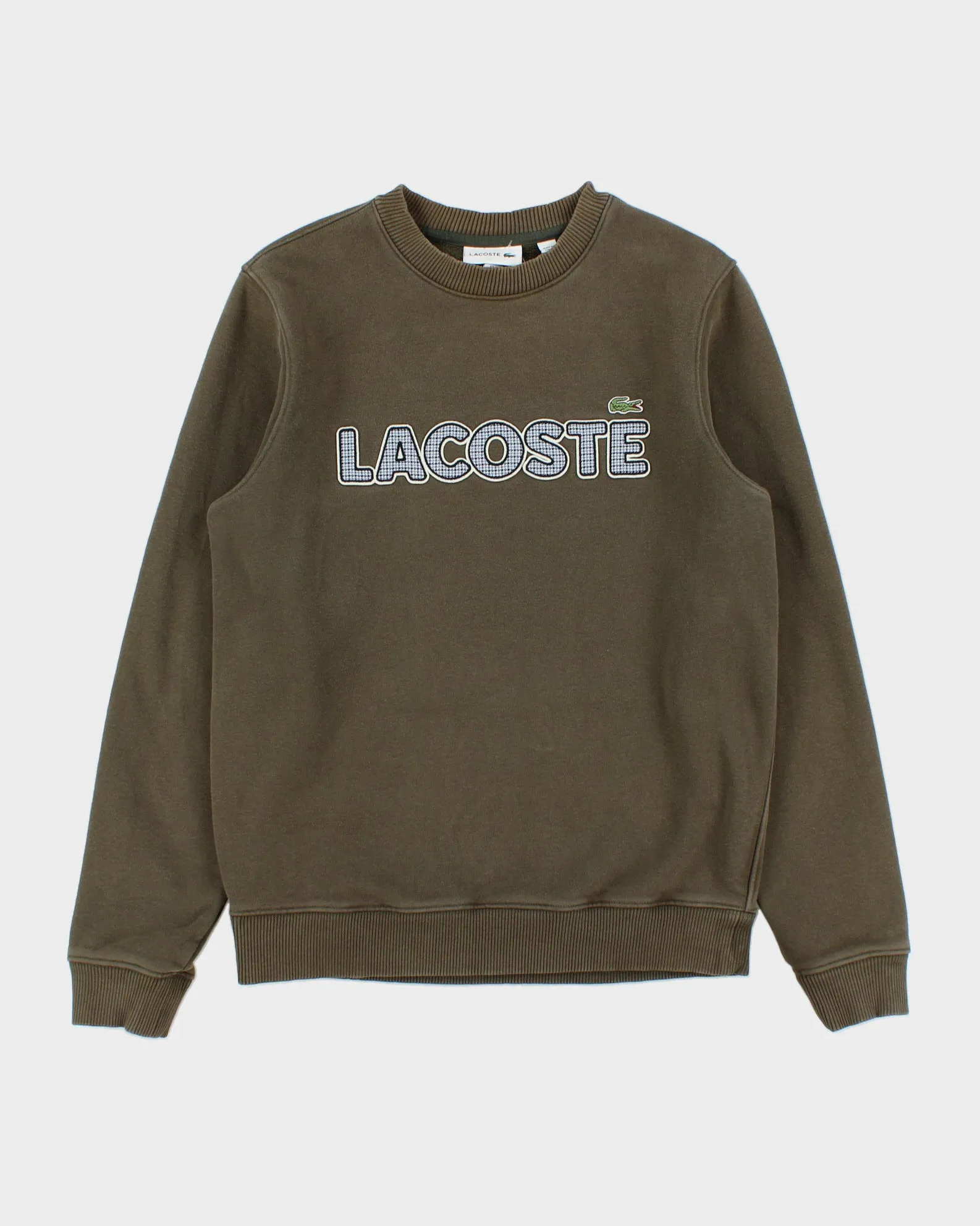 Vintage Lacoste Khaki Embroidered Houndstooth Spell Out Heavyweight Crewneck Sweatshirt - S sold by Rokit