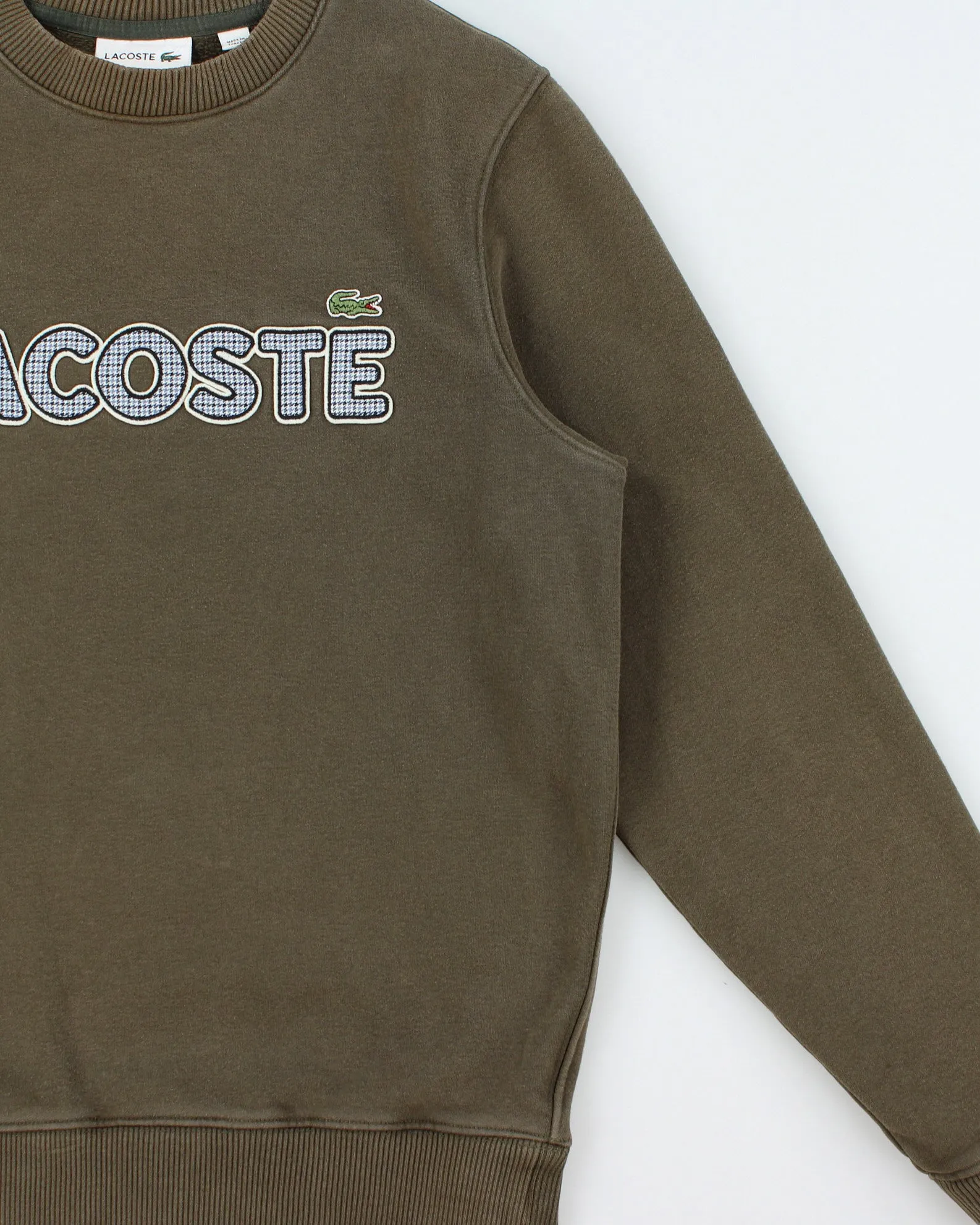 Vintage Lacoste Khaki Embroidered Houndstooth Spell Out Heavyweight Crewneck Sweatshirt - S sold by Rokit product image thumbnail 3