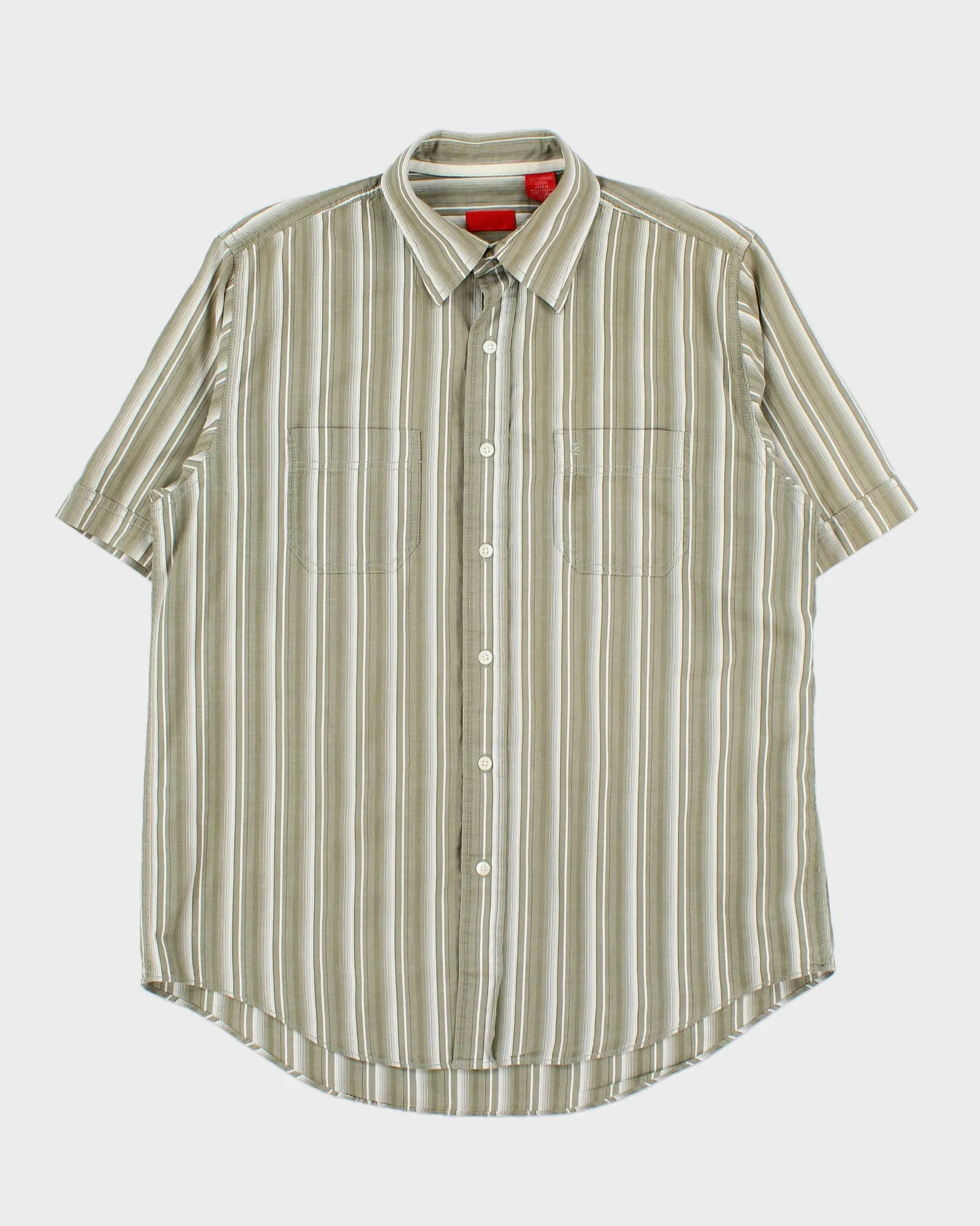 Vintage Y2K 00s IZOD Khaki Texture Striped Relaxed Fit Short Sleeve Pocket Shirt - M sold by Rokit