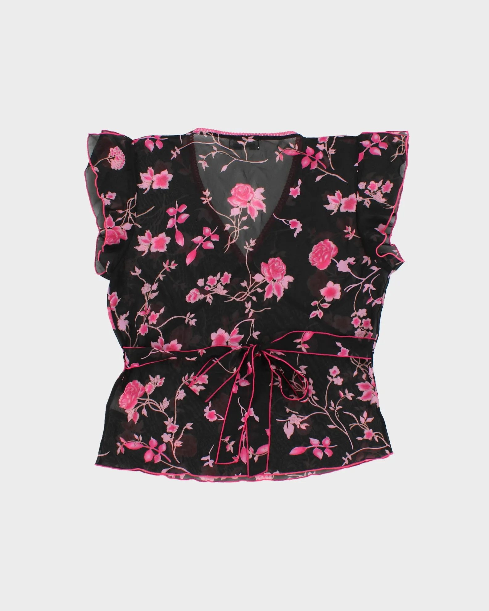Vintage 1990s Beechers Brook For Fairweather Floral Mesh Ruffle Cap Sleeve Top - L sold by Rokit product image thumbnail 2