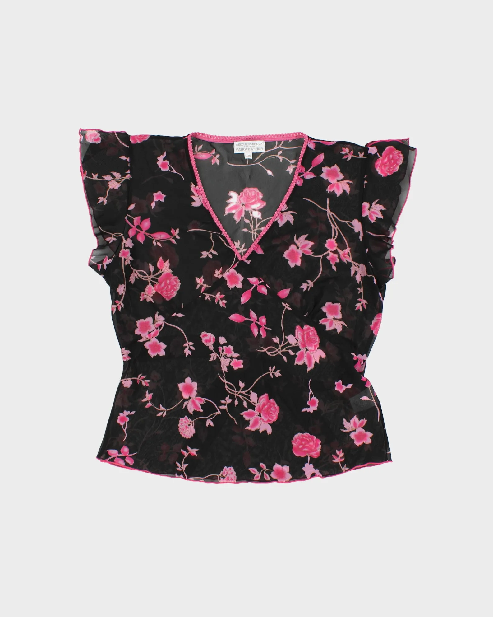 Vintage 1990s Beechers Brook For Fairweather Floral Mesh Ruffle Cap Sleeve Top - L sold by Rokit